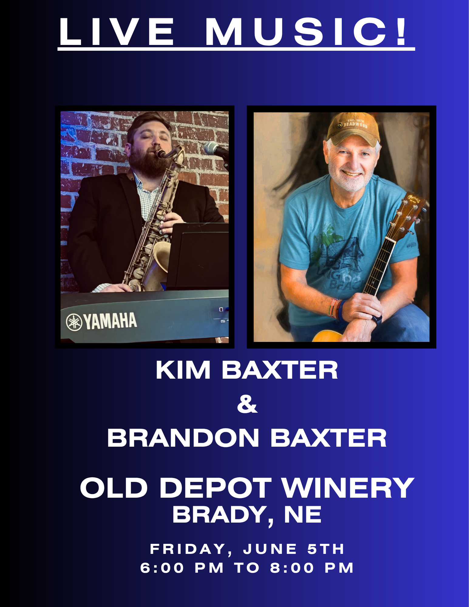 Live music — Kim Baxter and Brandon Baxter at Old Depot Winery, Friday June 5, 6pm–8pm